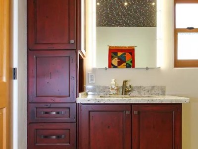 Material: Distressed Knotty Alder with Red Stain & Black Glaze / Cabinet Style: Overlay