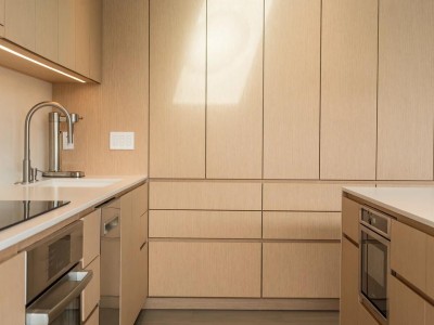 Material: Treefrog Veneer / Cabinet Style: Overlay / Door Style: Slab Beveled Edge