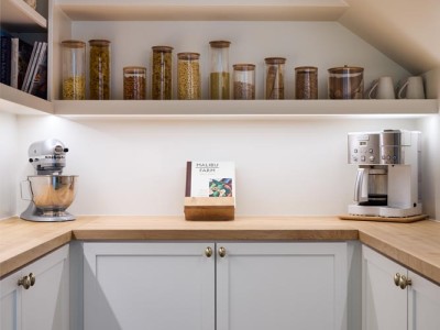 Paint Grade Cabinet and Shelves / Maple Butcher Block Top / Cabinet Style: Overlay