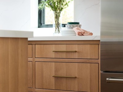 Material: Stained Rift White Oak / Cabinet Style: Inset / Door Style: Slab